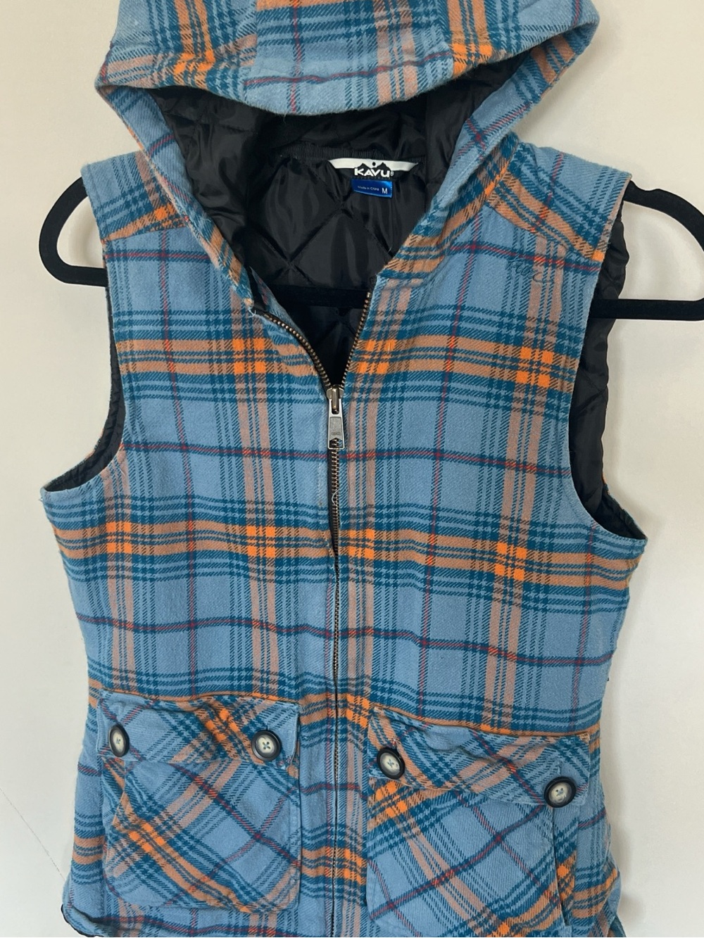 Kavu Blue Plaid Hooded Vest with Orange Accents